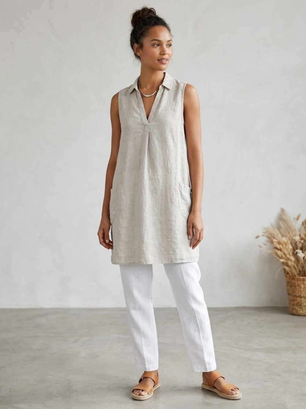 Sigrid Olsen White 100% Linen Sleeveless Tunic Top Mini Dress Pockets M EUC